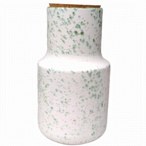 CMG Ceramic White Green Speckled Tapered Canister with Cork Lid Made in Portugal
